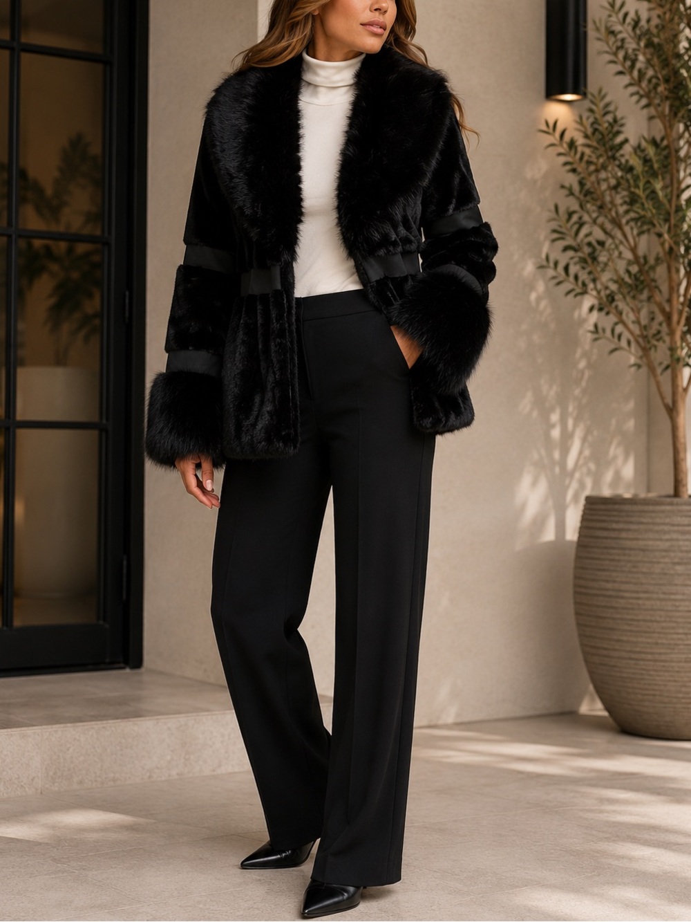 kathy ireland Black Faux Fur Open-Front Teddy Jacket Size Small NWT